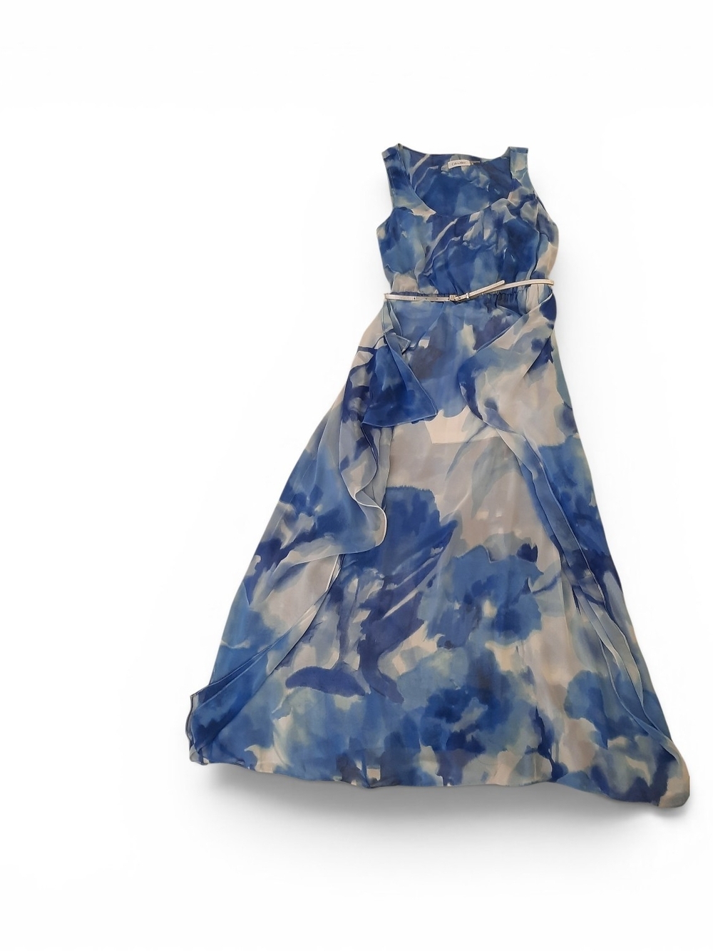 Calvin Klein Blue and Cream Floral Chiffon Formal Dress with Belt